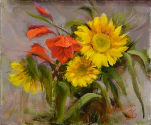 Картина маслом «Дыхание лета (Подсолнухи)» 25×30 см, Любовь Грибакина, 2026