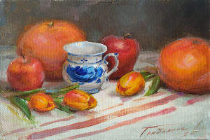 Картина маслом натюрморт с грейпфрутами и чашкой гжель и тюльпанами