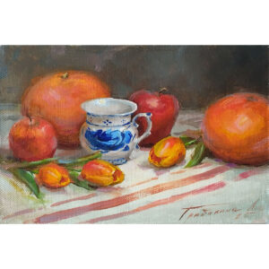 Картина маслом натюрморт с грейпфрутами и чашкой гжель и тюльпанами