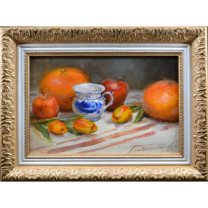 Картина маслом натюрморт с грейпфрутами и чашкой гжель и тюльпанами