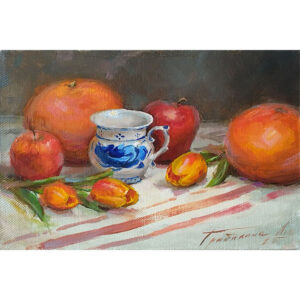Картина маслом натюрморт с грейпфрутами и чашкой гжель и тюльпанами